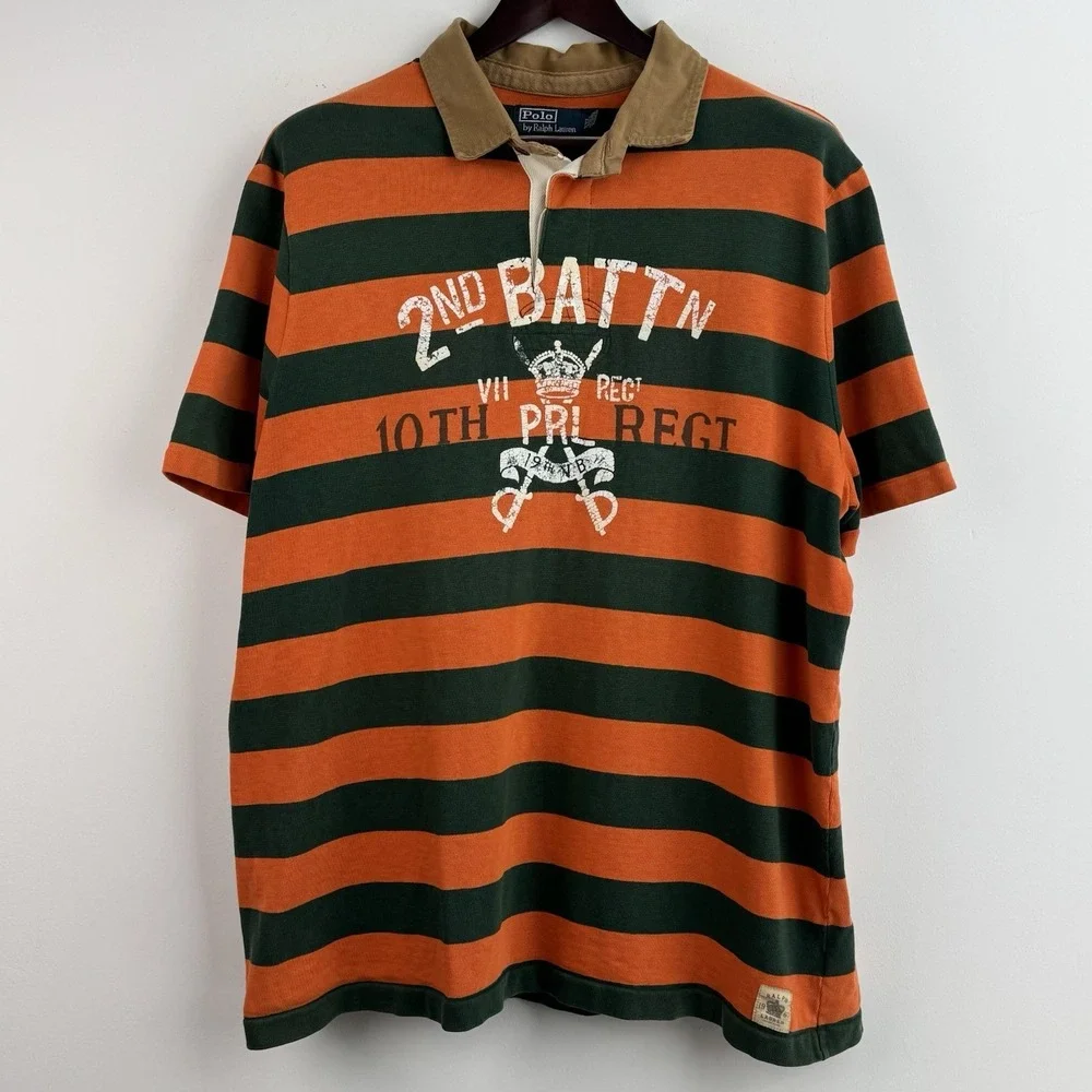 VTG Polo Ralph Lauren Rugby Polo Shirt Mens XXL Orange Green 2nd Battalion Y2K